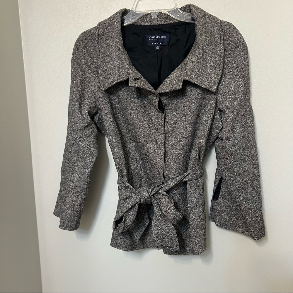 Jones New York Outerwear Belted Jacket Coat Women Black White Size 10 Stretch